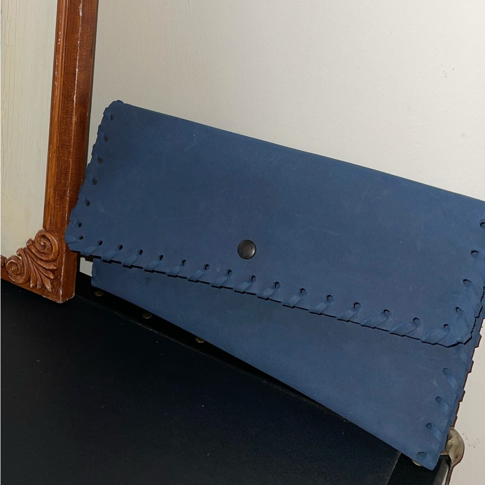 Navy powder blue leather oversized east west clutch